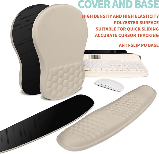 2-in-1 Ergonomic Set, Wave Rise Keyboard Wrist Rest and Massage Bulge Slope Mouse Pad Wrist Support, Cushion Memory Foam Integrated to Relieve Wrist Pain, Apricot