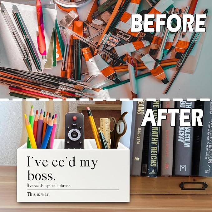 Funny Office Pen Pencil Holder Organizer for Desk, Coworker Gifts for Women Men, I've Cc'd My Boss Funny Wooden Box Sign for Home Office Workplace Desk Tabletop Decorations