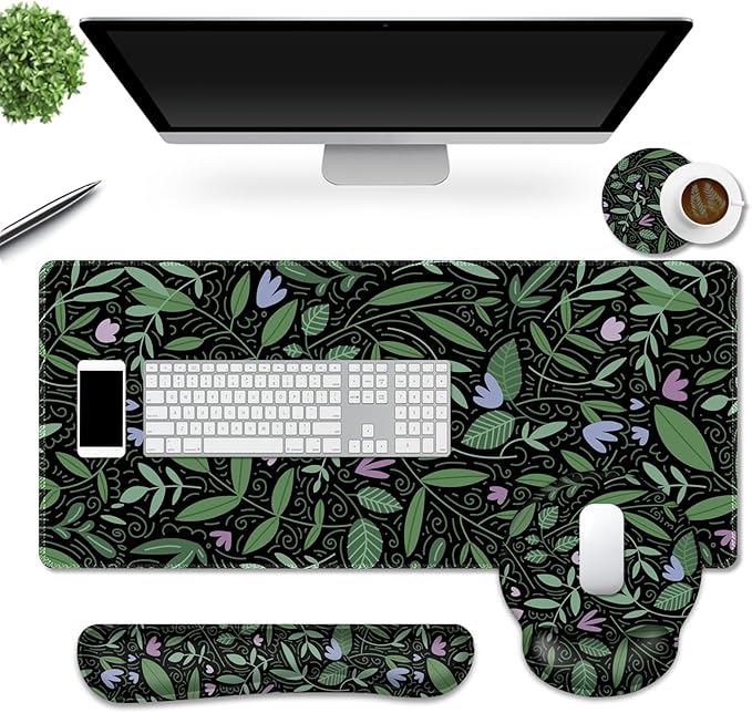 DINKY Keyboard Mouse Pad Set, Large Gaming Mousepad, Memory Foam Ergonomic Keyboard Wrist Rest Support, Extended Desk Mat Cushion pad for Office,Home, Green Leaves Plant