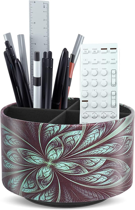 lizimandu Round Leather Art Supply Organizer,Remote Control Holder,360 Degree Rotating,Multi-Functional Pencil Holder,4 Compartments Desktop Stationary Organizer(1-Green Flower)