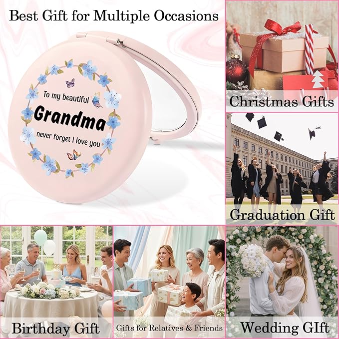 Grandma Gifts from Grankids Christmas Stocking Stuffers Grandma Birthday Gifts from Grandson Granddaughter Pink Compact Mirror Thanksgiving Valentines for Grandmother Nana