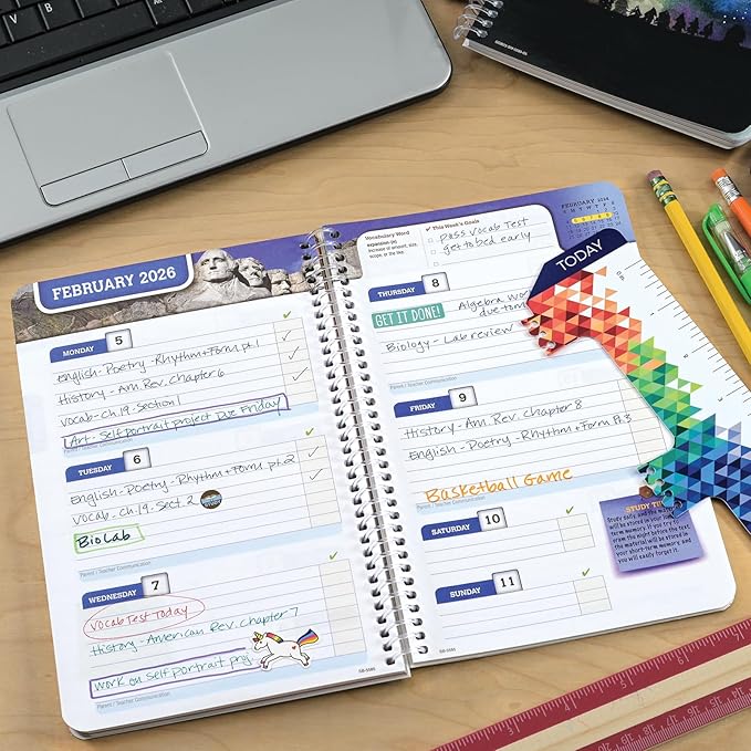 Global Datebooks Dated Middle School or High School Student Planner for Academic Year 2025-2026 Includes Ruler/Bookmark and Planning Stickers (Block Style - 5.5"x8.5" - Kraft Doodles)