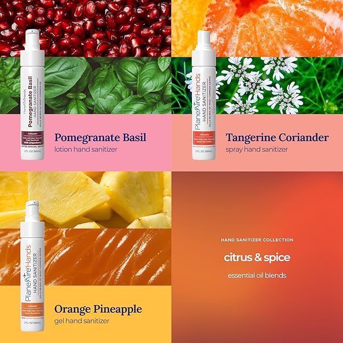 Citrus & Spice Variety 3pk Hand Sanitizer | Orange Pineapple Gel, Pomegranate Basil Lotion, Tangerine Coriander Spray | Travel Size | Made with Aloe Vera & Essential Oils | Rich in Vitamin E