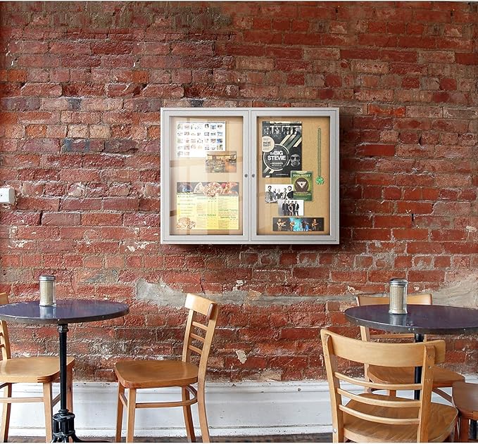 Ghent 48" x 60" 2-Door indoor Enclosed Bulletin Board , Shatter Resistant, with Lock, Satin Aluminum Frame - Natural Cork (PA245K) Made in the USA