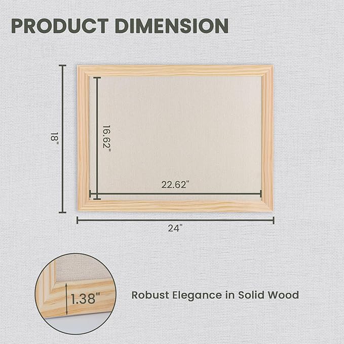 Bulletin Board Cork Board with Linen, 100% Wood Framed 18" x 24" Bulletin Board Decorations, Pin Boards for Walls, Wall Mounted Fabric Picture Board with 10 Pushpins for School, Home & Office, Natural