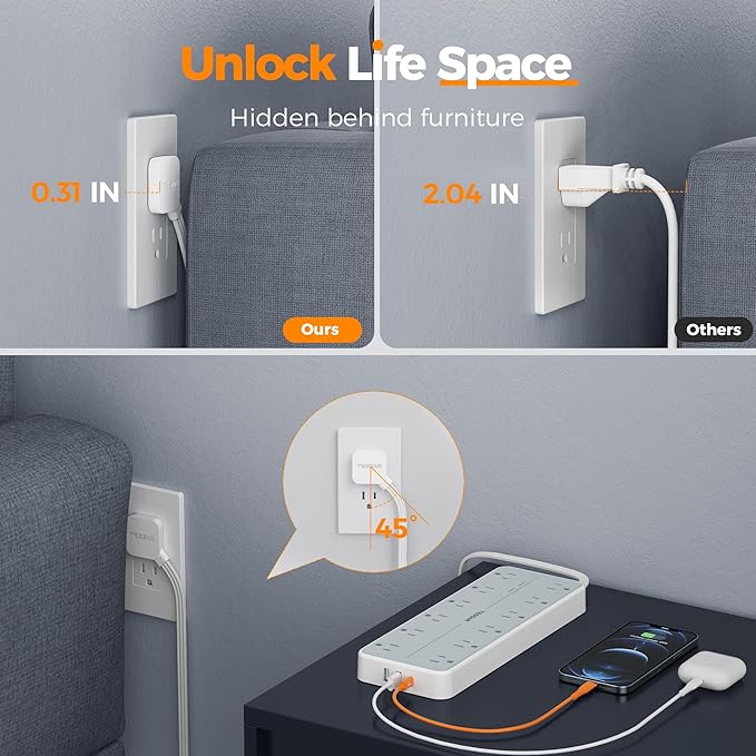 Surge Protector Power Strip, TESSAN Extension Cord with Multiple Outlets, 12 AC Outlets, 3 USB Ports(1 USB C), Flat Wall Plug, 5 Ft, 1700 Joules Protection for Home Office Dorm Room Essentials