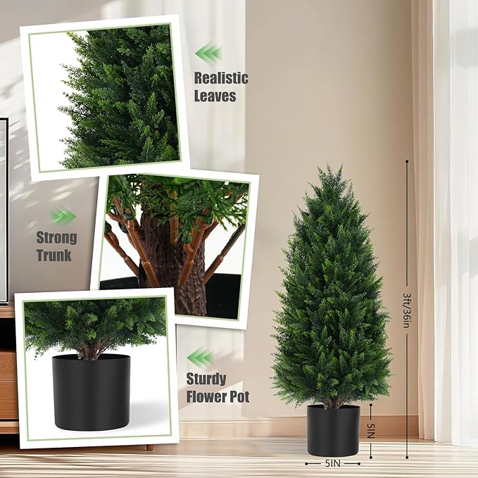 Artificial Cedar Trees, 3FT Tall Faux Tree Potted Plants with Trunk 36in Fake Cypress Tree for Indoor Outdoor Front Porch Garden Decor-2pack