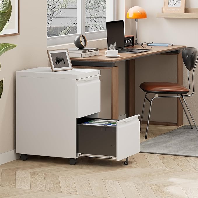 2 Drawer Mobile File Cabinet with Lock,Under Desk Metal Filing Cabinets with Wheels for Home Office Organizer Letters/Legal/A4(Easy Assemble-White)