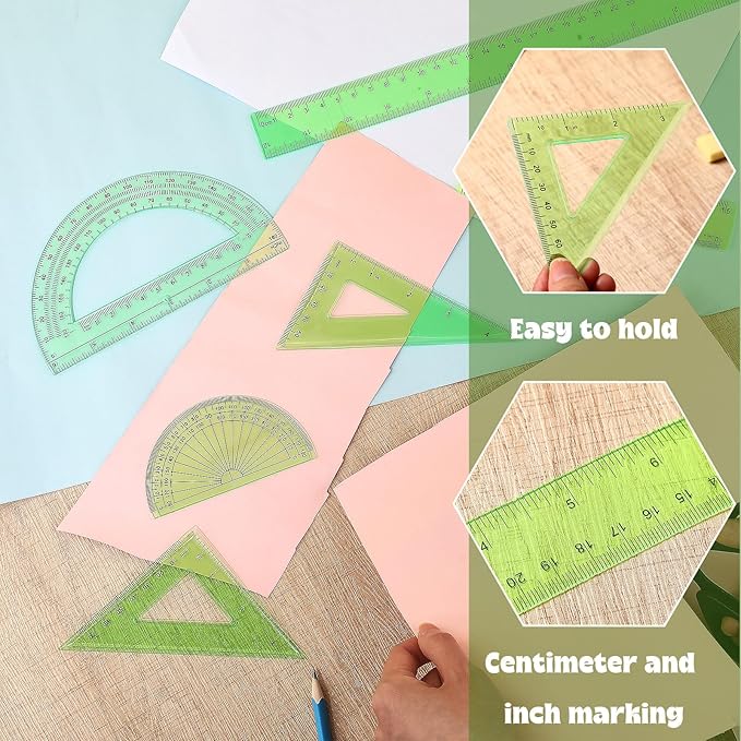 Zonon 1 Set Plastic Geometry Math Set Includes Drawing Compass, 6 Inch 4 Inch Protractor, 45/60 Degree Triangle Rulers 12 Inch 6 Inch Math Ruler Transparent for Office Supplies(Green)