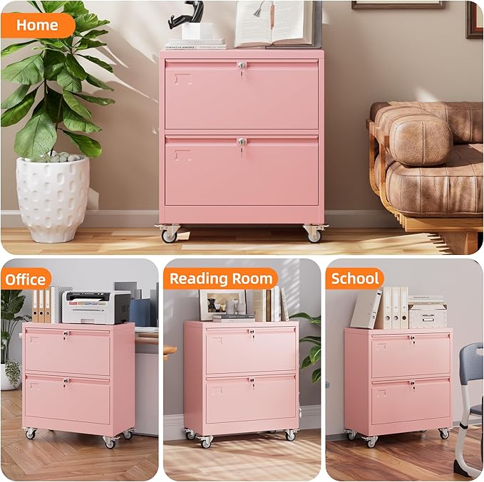 Aobabo Metal 2 Drawer Lateral File Mobile Cabinet with 2 Lock, File Cabinet with Wheels and Adjustable File Bars for Office, Home, for Letter/Legal Size, Pink, Assembly Required