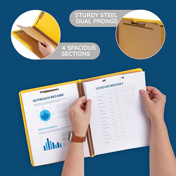10 Blue Summit Supplies Classification Folders, 1-Divider, Letter Size, Yellow, with 2 Inch Tyvek Expansions, Durable 2 Prong Design for Organizing Standard Medical Files & Office Reports, 10 Pack