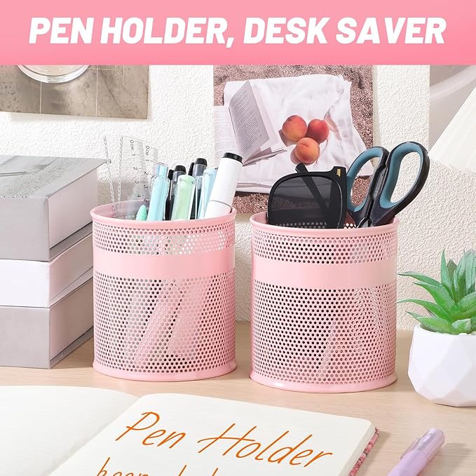 Segarty Pencil Holder, 6 Pack Pink Pen Holder for Desk, 3.9 x 4.2 inch Large Mesh Round Pen Cup Container Set Desktop Accessories Organizer for Office Supply, School Classroom, Makeup Brush