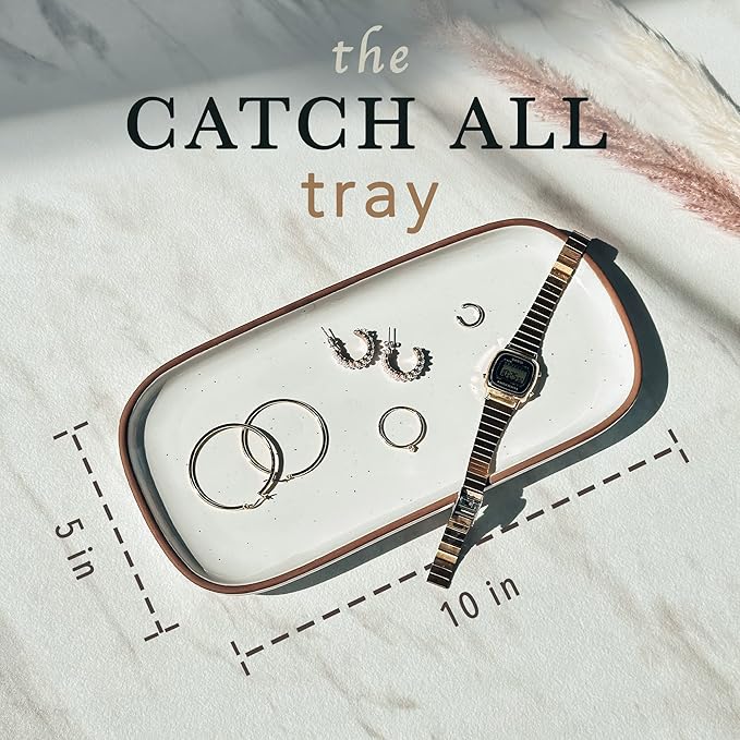 Mora Ceramic Decorative Tray - Rectangle 10in Dish for Jewelry, Soap Dispenser, Perfume, Makeup, Accessories, Candle, in The Bathroom Vanity, Bedside, or Kitchen Counter. Cute Organizers - White