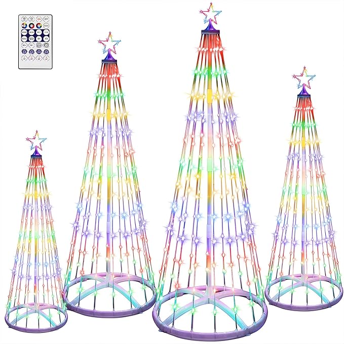4 Pack 4/5/6/7 FT Christmas LED Cone Tree Lights 24 Modes Color Changing with Timer Foldable Lighted Trees Waterproof Outdoor String Lights Holiday for Christmas New Year Xmas Decorations