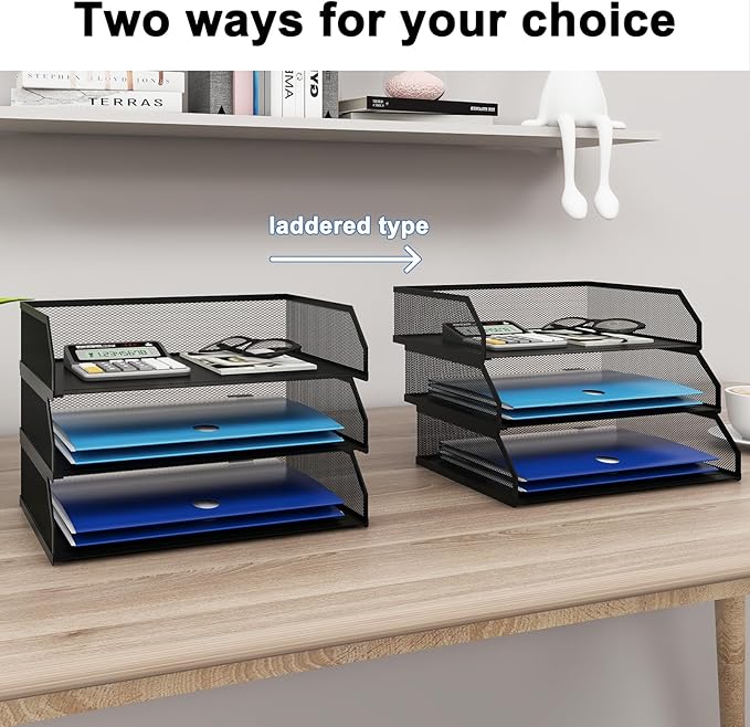 Natwind 3-Tier Stackable Paper Tray, Metal Mesh Desktop Organizer, A4 Desk Organizer, Stackable Letter Trays, File Folder Sorter Organizer with Sliding Tray for Home, Office, School (Black)