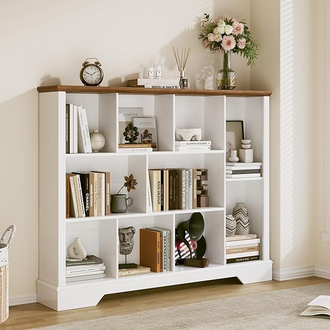 10 Cube Storage Bookcase, Modern 3-Tier Wooden Storage Organizer Open Bookshelf with Base for Living Room, Bedroom, Home Office