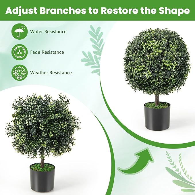 Goplus 22” Artificial Boxwood Topiary Ball Tree, Set of 2 Faux Potted Plants Artificial Shrubs Bushes with Cement Pot, Fake Evergreen Artificial Topiary for Indoor Outdoor Home Front Porch Decor