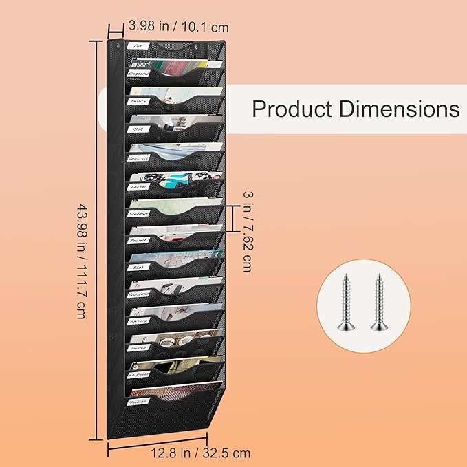 14 Tier Hanging Wall File Holder, Metal A4 Wall Mounted Document Holder, Vertical Hanging Mail Organizer, Magazine Storage Rack with Tray for Office Home Classroom, Black