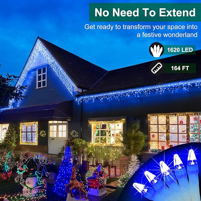 1620 LED Christmas Lights with 360 Drops,164ft 8 Modes Fairy Hanging String Lights with Timer Waterproof, Plug-in Hanging String Lights for Outdoor Holiday Wedding Party Christmas Decor (Blue)