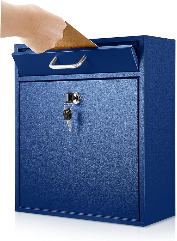 Locking Mailbox with Key for Outdoor 12 x 10.5 x 4.7 Inches Large Wall Mount Mail Box with Lock Security Mail Drop Metal Collection Boxes Hanging Secure Postbox(Dark Blue)