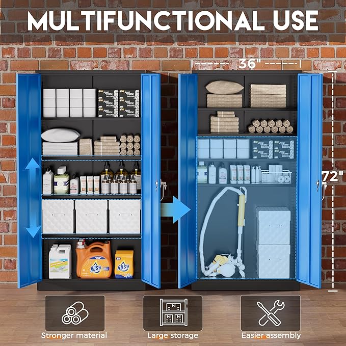 Greenvelly Metal Garage Storage Cabinet,72" Steel Storage Cabinets with Doors and Adjustable Shelves, Metal Tool Cabinets, Locking File Cabinet for Home Office, Garage, School (Black Blue36 Wx18 D)