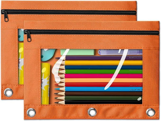 V-Opitos Pencil Pouch for 3 Ring Binder, 2 Pack Orange 3-Holes Zipper Pencil Pouches, Sturdy and Durable Cloth Pencil Case with Clear Window for Office School College Supplies