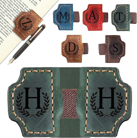 Bygone Mark Bookmark with Pen Holder, 26 Letters Name Initial Personalized Magnetic Bookmarks, Leather Book Mark for Men Women, Travelers Accessories, Teachers Readers Book Lovers Gifts (Green, H)