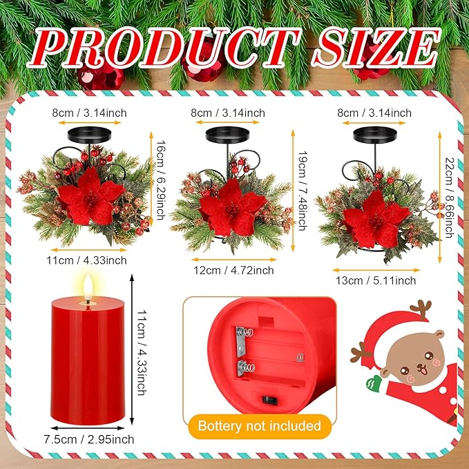 Yunlly Set of 3 Christmas Centerpiece Candleholder with Flameless Candlelights, Poinsettia Adorned Candelabrum for Xmas Family Party Holiday Table Mantle Decoration