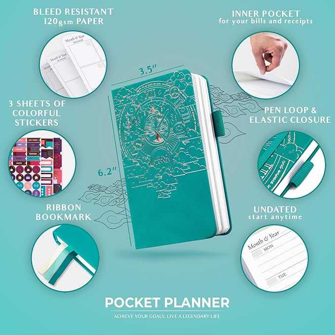 Legend Planner Pocket – Small Undated Monthly & Weekly Goal Journal and Calendar for Productivity, Mini Life Organizer Planner Perfect for Purse, Size: 3.5" x 6.2" Hardcover – Viridian Green