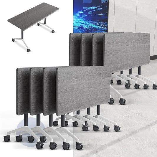 Folding Conference Table, Mobile Training Table for Office Conference, Modern Modular Rectangular Work Desk Meeting Seminar Work Tables with Caster Wheels, Large Breakroom Tables (8Pack L55.1in)