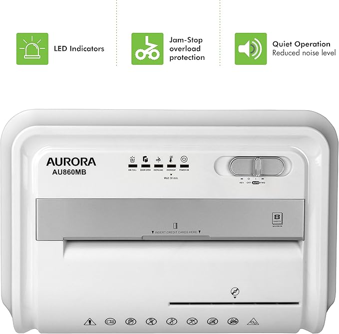 Aurora High-Security 8-Sheet Micro-Cut Paper, CD/DVD and Credit Card Shredder, White/Gray