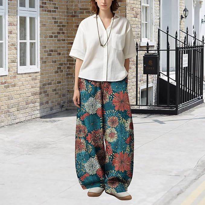Zaswen Women's Oversize Loose Fit Breathable Pants Wide Leg Lounge Pants Fashion Casual Fireworks Print Trousers with Pockets