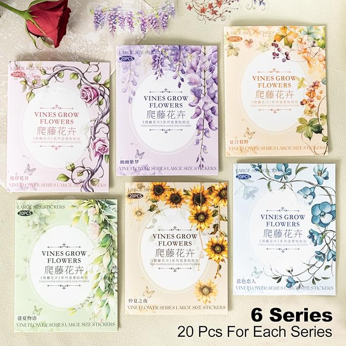 Floral Vine PET Stickers, 120 Pcs Large Botanical Ephemera for Scrapbooking, Journaling, DIY Crafting, and Art Supplies