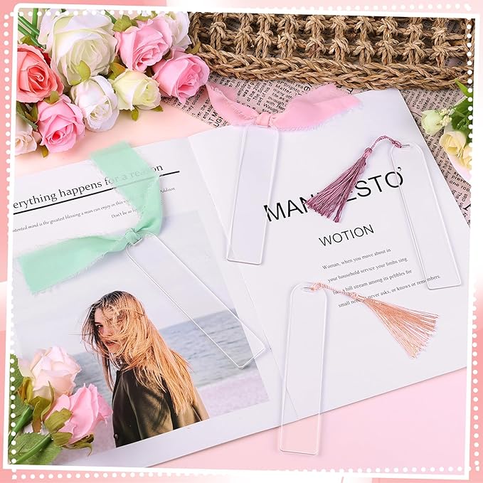 30 Pieces Acrylic Bookmark Blanks(3mm Thick), Clear Acrylic Bookmarks with 30PcsTassels, 3 Rolls Chiffon Silk Ribbon and 30 Packaging Bags, Transparent DIY Bookmarks for Reading Lover Crafts Present