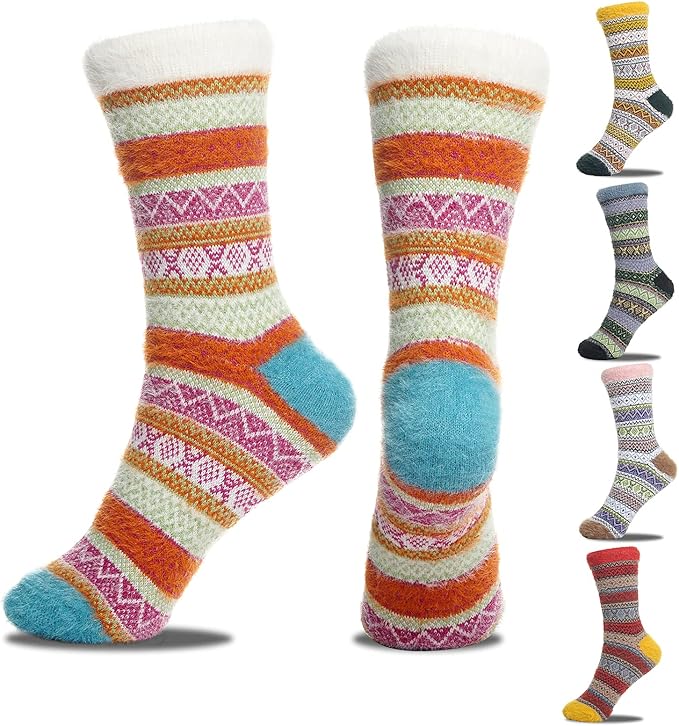 ICEIVY 5 Pair Fuzzy Cozy Socks for Women - Warm Comfy Soft Casual Home Sleep Winter Wool Socks - Gifts for Women