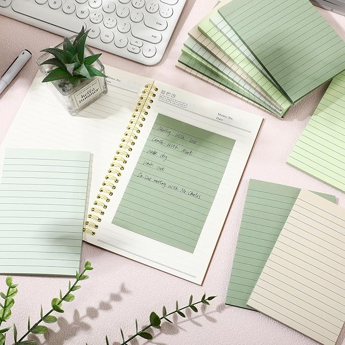 12 Pads Green Boho Sticky Notes 4x6 with Line, Lined Self Stick Notes Pads Boho Office Supplies, Vintage Aesthetic School Accessories 50 Sheets/pad