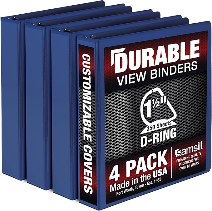 Samsill Durable 1.5 inch 3 Ring Binder, Made in USA, D Ring Binder, FSC 100% Recycled Chipboard, Blue, 4 Pack