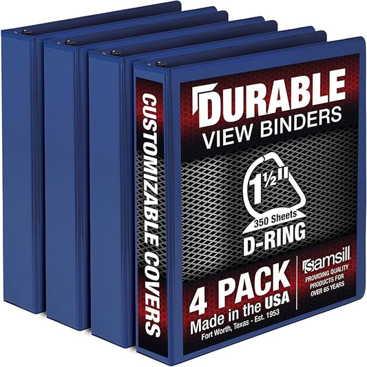 Samsill Durable 1.5 inch 3 Ring Binder, Made in USA, D Ring Binder, FSC 100% Recycled Chipboard, Blue, 4 Pack