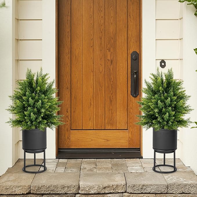 Goplus 21.5” Artificial Cedar Topiary Ball Tree, Set of 2 Faux Potted Plants Artificial Shrubs Bushes with Cement Pot, Fake Evergreen Artificial Topiary for Indoor Outdoor Home Front Porch Decor