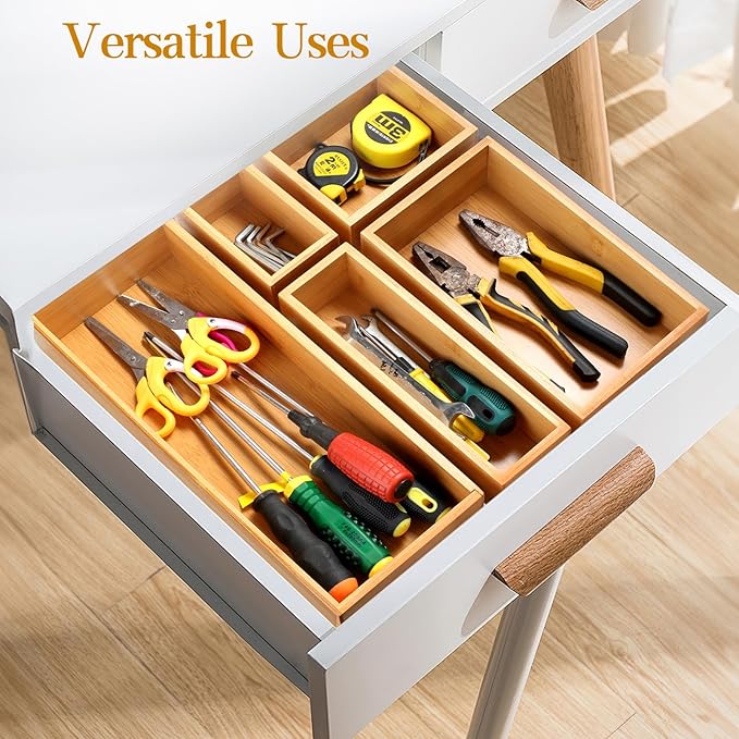 Secura Kitchen Drawer Utensil Organizer Box Set 𝟱 𝗣𝗮𝗰𝗸, Bamboo Utensil Holder Cutlery Makeup Silverware Jewelry Flatware Organization Tray for Kitchen, Bathroom, Office and Living Room