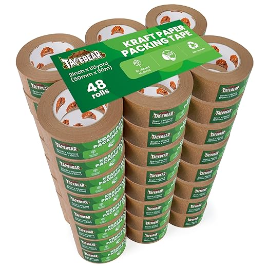 Eco-Friendly Kraft Paper Tape, Biodegradable Heavy Duty Packing Tape 2Inch x 55Yard, Recyclable Packaging Tape Self Adhesive Box Tape for Shipping, Sealing, Moving & Masking, 48Rolls