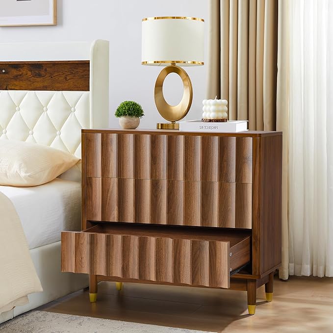 Fluted 3 Drawer Dresser, 31.5" Wide Modern Storage Chest of Drawers, Wood Drawer Organizer for Bedroom, Living Room, Hallway