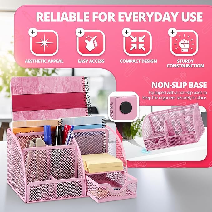 Flexzion Desk Top Caddy Organizer - Pink Office Desk Accessories Organizer and Storage - Metal Mesh Desk with 6 Compartments, Drawer and Pen Holder