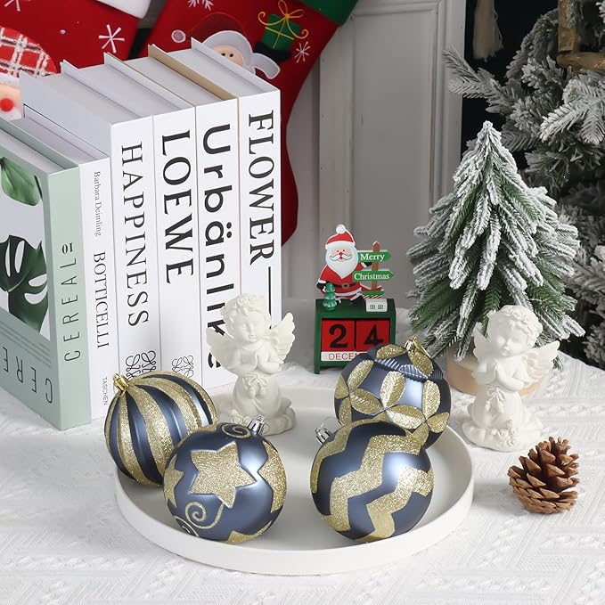 4 Inch Blue Gold Christmas Ornaments, 12Pcs Large Shatterproof Christmas Bulbs Ornaments, Big Christmas Balls Hanging Decorations for Christmas Trees Holiday Parties Malls (Blue & Gold)