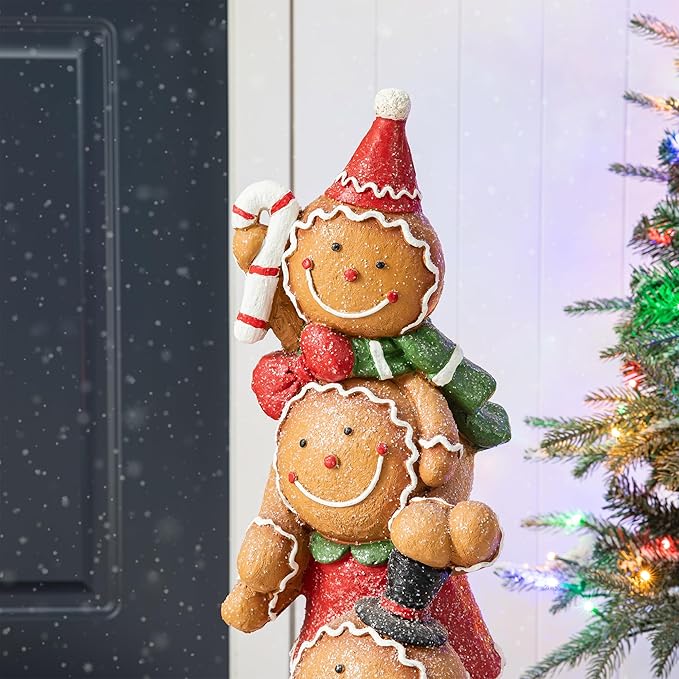 Glitzhome 29.25"H Christmas MGO Stacked Gingerbread Man Porch Decor, Xmas Winter Patio Front Porch Indoor Outdoor Home Standing Decor