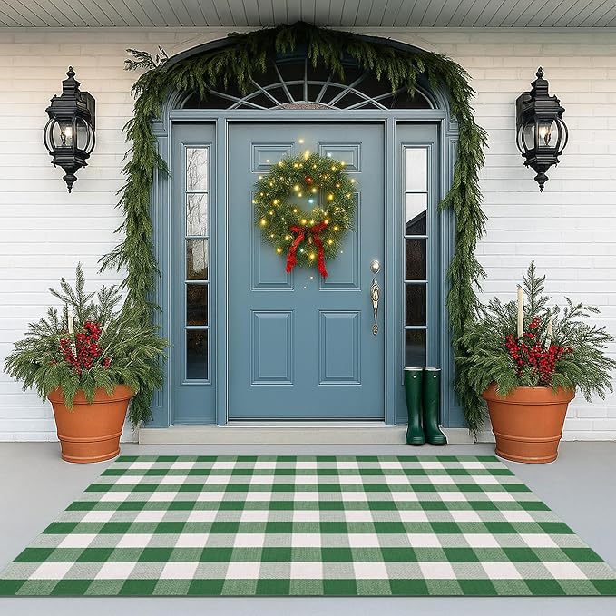 Christmas Green & White Plaid Rug - 4' x 6' Outdoor Front Door Decor Mat Cotton Washable Hand-Woven Rug Christmas New Year Holiday Porch Entryway Layered Doormat