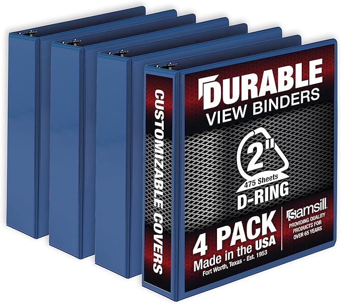 Samsill Durable 2 inch 3 Ring Binder, Made in USA, D Ring Binder, FSC 100% Recycled Chipboard, Blue, 4 Pack