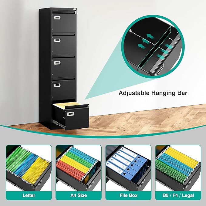 SISESOL 5 Drawer File Cabinet with Lock,15" Narrow Vertical File Cabinet Five drawer,Tall Office Filing Cabinets,Black Metal Filing Cabinets for Home Office,Fit A4,Legal,Letter Size,-Assembly Required