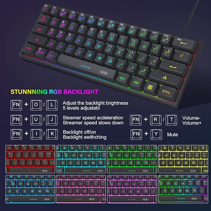 MageGee Mini 60% Gaming Keyboard, RGB Backlit 61 Key Ultra-Compact Keyboard, TS91 Ergonomic Waterproof Mechanical Feeling Office Computer Keyboards for PC, MAC, PS4, Xbox ONE Gamer(Black)