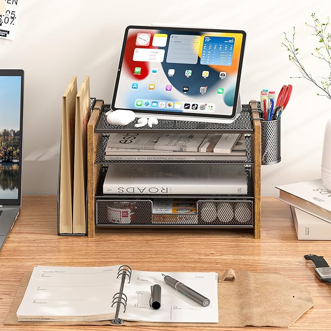 Wooden Desk Organizers and Accessories with File Holder, 4-Tier Paper File Organizer with Drawer & 2 Pen Holders, Office Desk Accessories, Desktop Organizer and Storage for Home Office Supplies